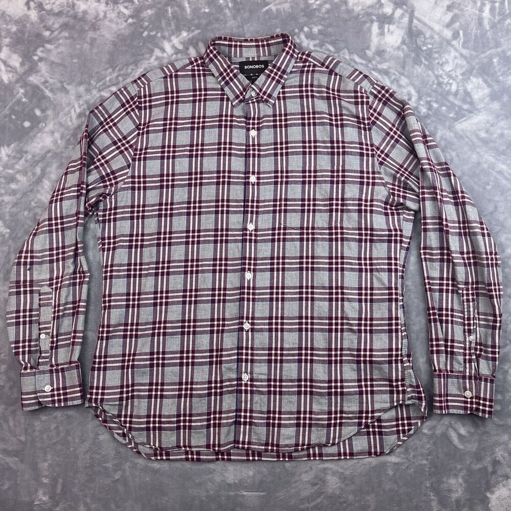 Bonobos Shirt Men's Size XL Gray Purple Plaid Slim Fit Long Sleeve Button Up